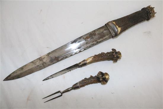 A George IV Scottish silver mounted stag horn and leather dirk, 18in.